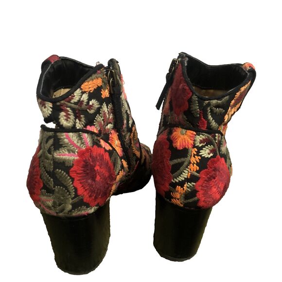 Embroidered Open Toe Black Orange Red Floral Fabric Womens 8.5 Ankle Boot Boho - Picture 7 of 11